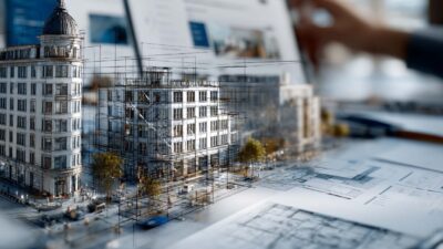 Monitores de pc tras holograma de edificios en construcción